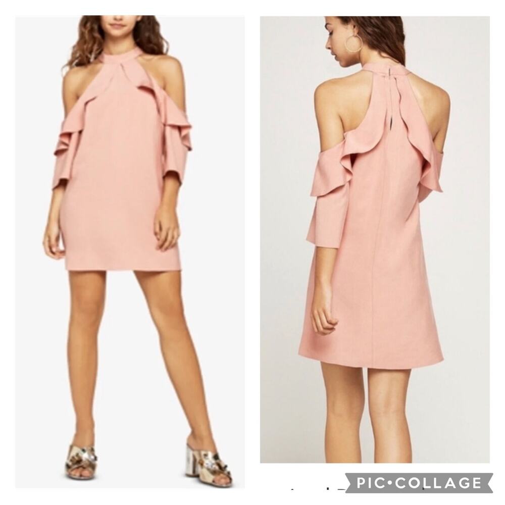 BCBGENERATION COLD SHOULDER HIGH NECK HALTER RUFFLED MINI DRESS size xs